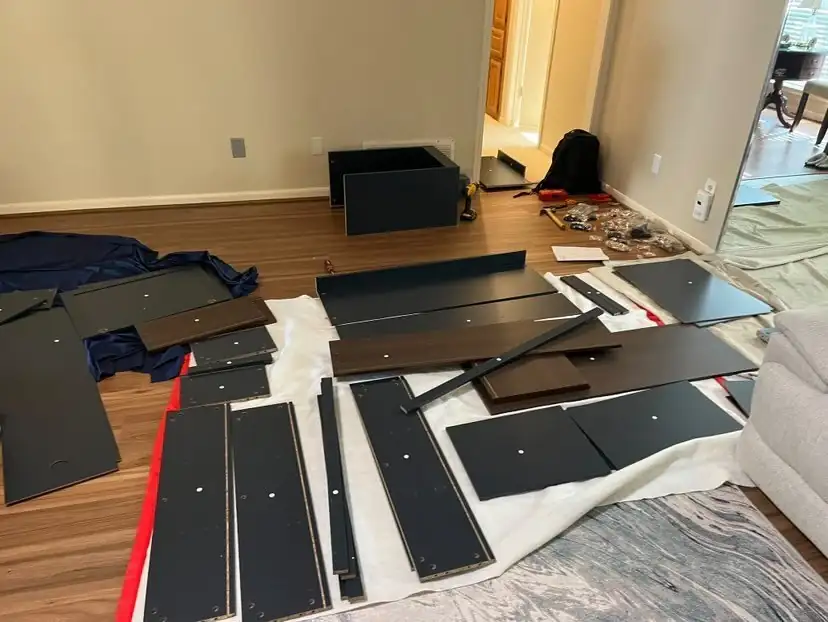 Entertainment center assembly in progress — Atlas Gate Home Services, DFW